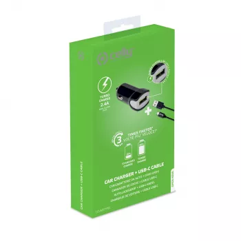 Carregador móvel Celly CCUSBTYPEC para smartphone, tablet preto isqueiro para automóvel