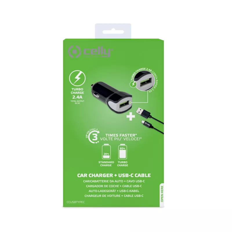 Carregador móvel Celly CCUSBTYPEC para smartphone, tablet preto isqueiro para automóvel