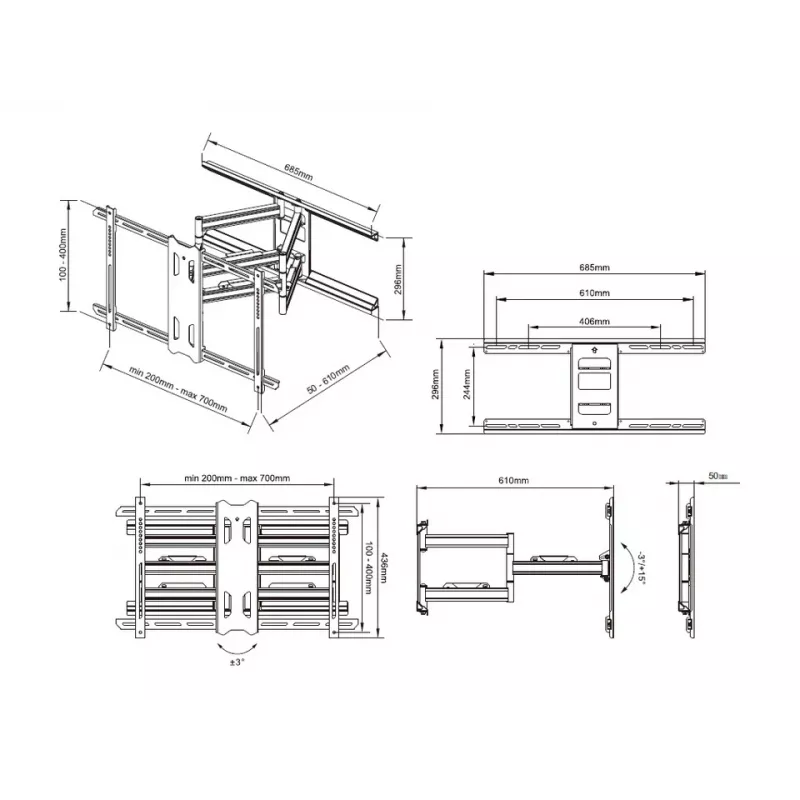 Suporte de montagem em mastro Multibrackets M Universal Flexarm Pro 60 kg Heavy Duty preto