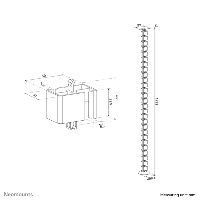 Organizador de espiral para cabos Neomounts ADS06-130BL fixação por parafusos, preto, segmentos de 130 mm