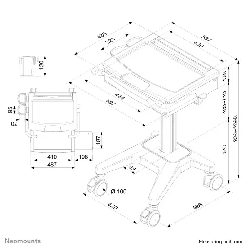 Carrinho multimédia Neomounts MED-M200 alumínio branco 1080 mm