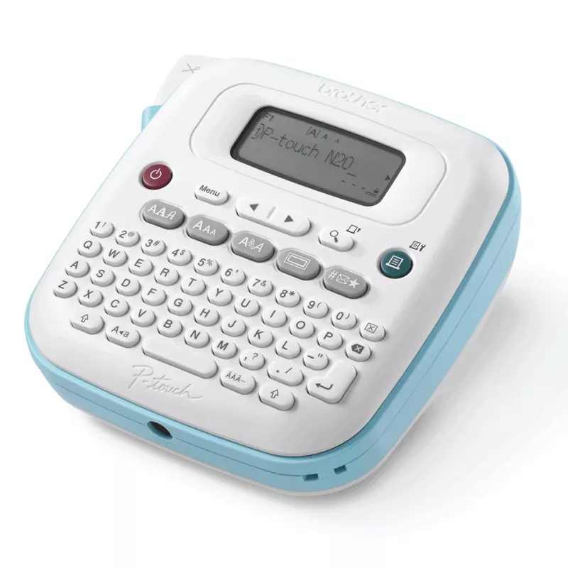 Impressora de etiquetas Brother PT-N20 – transferência térmica, 180×180 DPI, largura máx. 12 mm, velocidade de impressão 12 mm/s, LCD, branco/azul