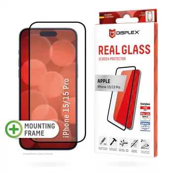 Película de vidro Displex Full Cover (10H) para Apple iPhone 15/15 Pro, moldura de montagem Eco, Full Cover