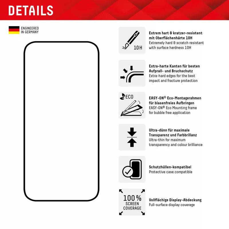 Película de vidro Displex Full Cover (10H) para Apple iPhone 15/15 Pro, moldura de montagem Eco, Full Cover