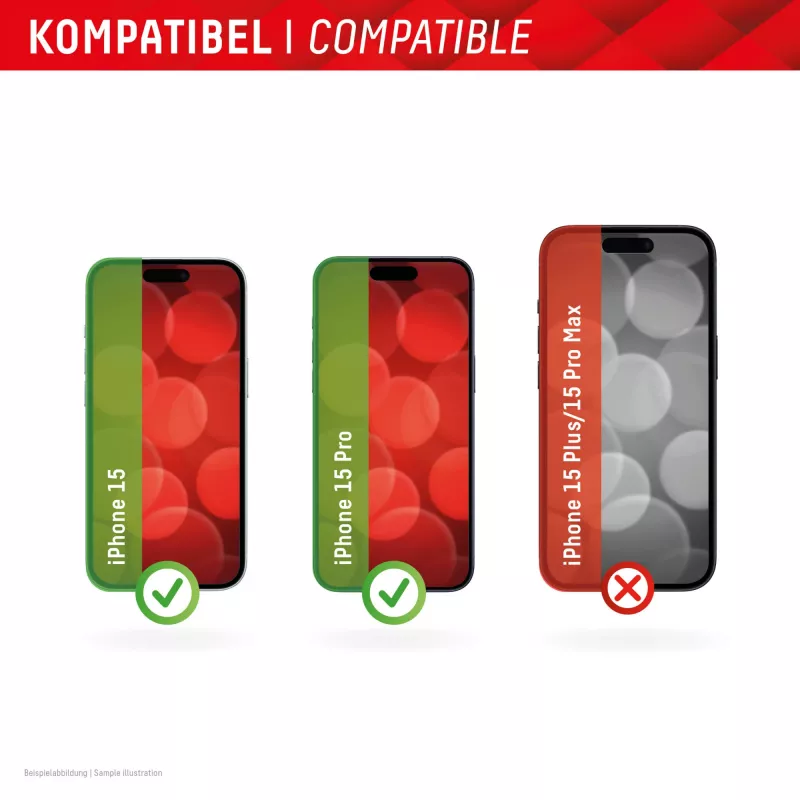 Película de vidro Displex Full Cover (10H) para Apple iPhone 15/15 Pro, moldura de montagem Eco, Full Cover