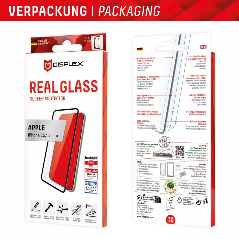 Película de vidro Displex Full Cover (10H) para Apple iPhone 15/15 Pro, moldura de montagem Eco, Full Cover
