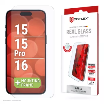 Película de proteção de ecrã Displex (10H) para Apple iPhone 15/15 Pro/16, moldura de montagem Eco, resistente a riscos