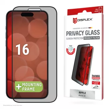 Película de proteção de ecrã com filtro de privacidade Displex (10H) para Apple iPhone 16, moldura de montagem Eco, filtro de privacidade