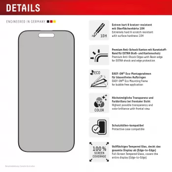 Película de proteção de ecrã com filtro de privacidade Displex (10H) para Apple iPhone 16 Pro, moldura de montagem Eco, filtro de privacidade