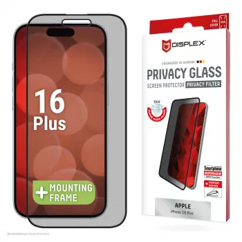 Película de proteção de ecrã com filtro de privacidade Displex (10H) para Apple iPhone 16 Plus, moldura de montagem Eco, filtro de privacidade