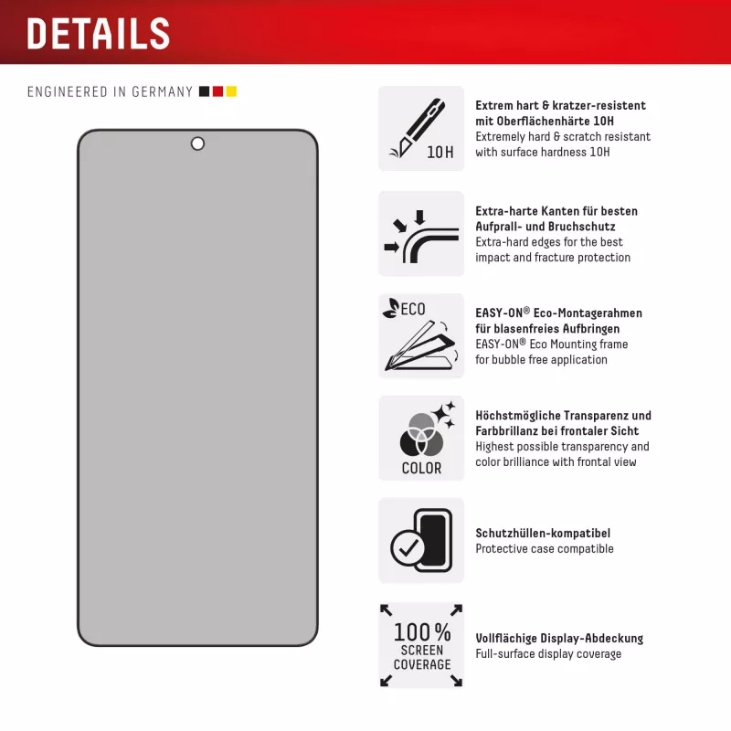 Película de proteção de ecrã com filtro de privacidade Displex (10H) para Samsung Galaxy S25 Edge, moldura de montagem Eco, filtro de privacidade