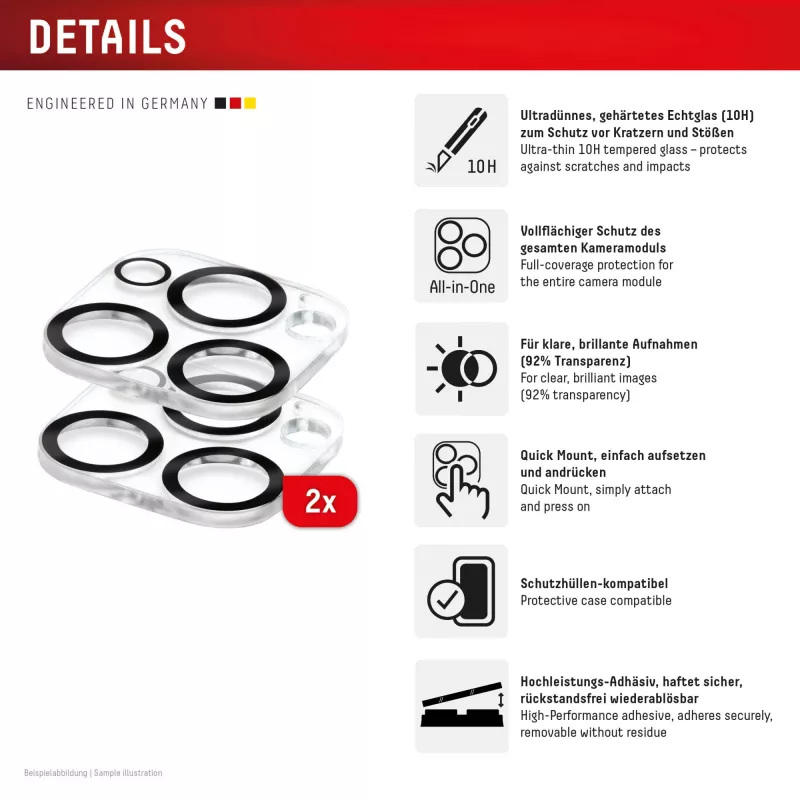 Vidro para objetiva de câmara Displex Full Cover iPhone 16 Pro/16 Pro Max, 10H, proteção total da câmara, montagem rápida, pack de 2