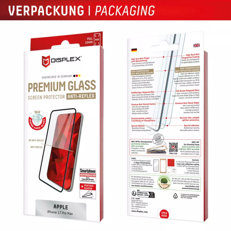 Película de proteção de ecrã Displex Premium (Full Cover, 10H) para Apple iPhone 17 Pro Max, moldura de montagem Eco, Full Cover