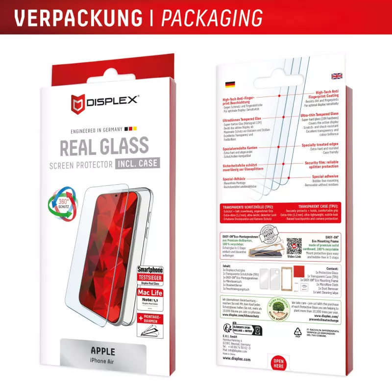 Displex película protetora de ecrã + capa para Apple iPhone Air, moldura de montagem Eco, resistente a riscos