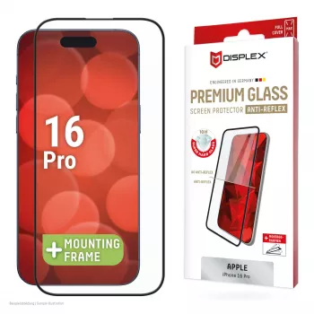 Protetor de ecrã Displex Premium Anti-Reflex (cobertura total antirreflexo, 10H) para Apple iPhone 16 Pro, moldura de montagem Eco, cobertura total