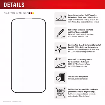 Protetor de ecrã Displex Premium Anti-Reflex (cobertura total antirreflexo, 10H) para Apple iPhone 16 Pro, moldura de montagem Eco, cobertura total