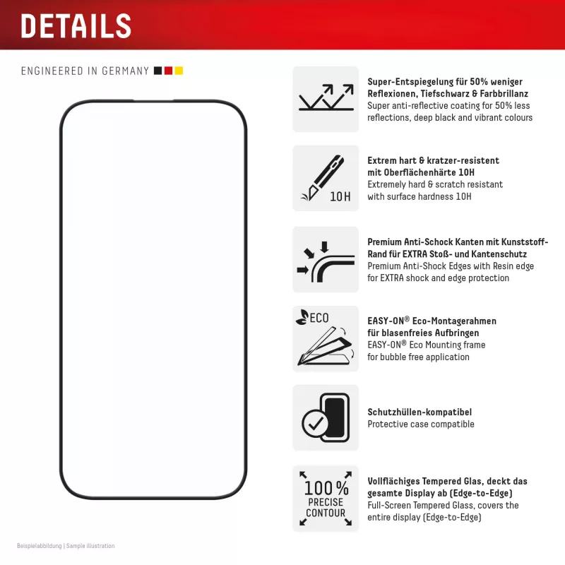 Protetor de ecrã Displex Premium Anti-Reflex (cobertura total antirreflexo, 10H) para Apple iPhone 16 Pro, moldura de montagem Eco, cobertura total