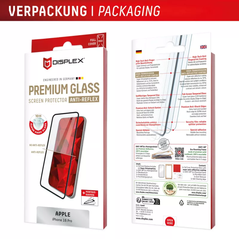 Protetor de ecrã Displex Premium Anti-Reflex (cobertura total antirreflexo, 10H) para Apple iPhone 16 Pro, moldura de montagem Eco, cobertura total
