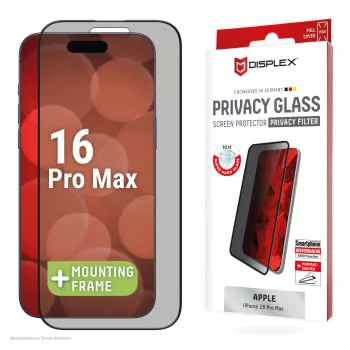 Película de privacidade Displex (10H) para Apple iPhone 16 Pro Max, moldura de montagem Eco, filtro de privacidade