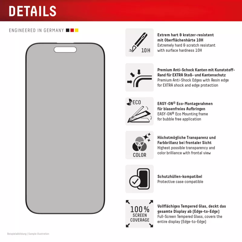 Película de privacidade Displex (10H) para Apple iPhone 16 Pro Max, moldura de montagem Eco, filtro de privacidade