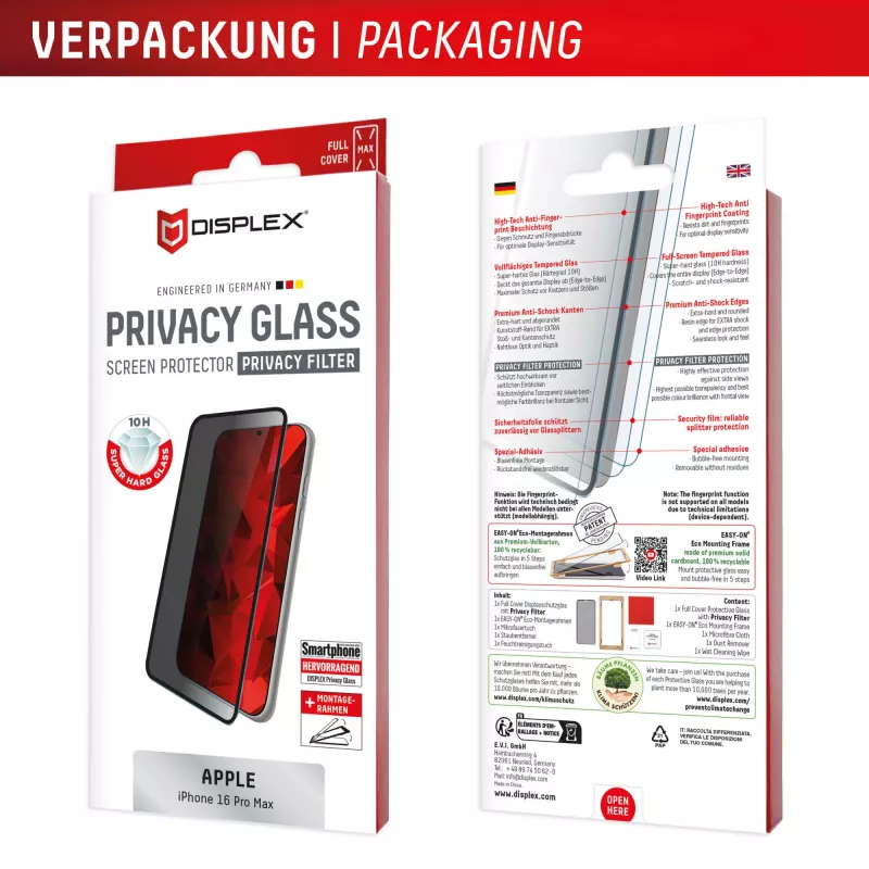 Película de privacidade Displex (10H) para Apple iPhone 16 Pro Max, moldura de montagem Eco, filtro de privacidade