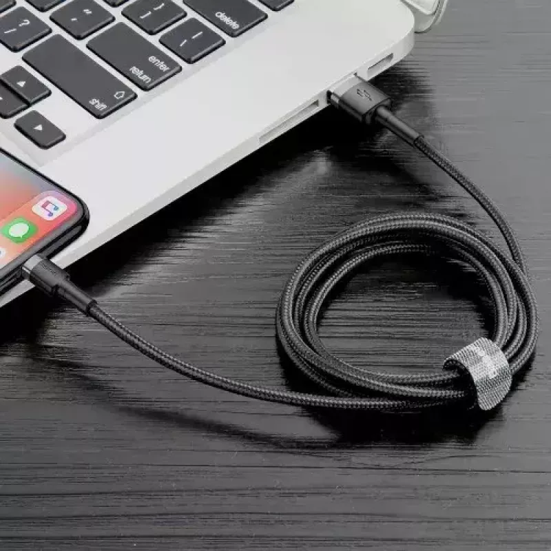 Cabo USB-A para Lightning Baseus Cafule (CALKLF-CG1) — trançado em nylon, QC3.0 1,5 A, 2 m, cinzento/preto
