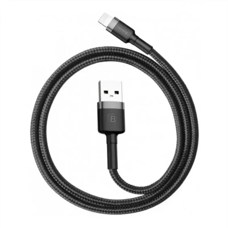 Cabo USB-A para Lightning Baseus Cafule (CALKLF-CG1) — trançado em nylon, QC3.0 1,5 A, 2 m, cinzento/preto