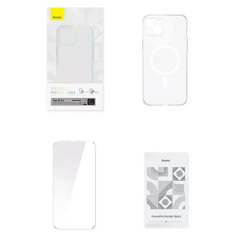 Capa magnética Baseus Magnetic Crystal Clear para iPhone 13, transparente, com proteção de ecrã em vidro temperado