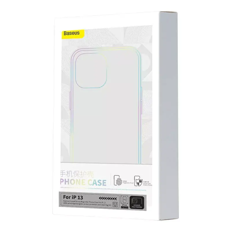 Capa magnética Baseus Magnetic Crystal Clear para iPhone 13, transparente, com proteção de ecrã em vidro temperado