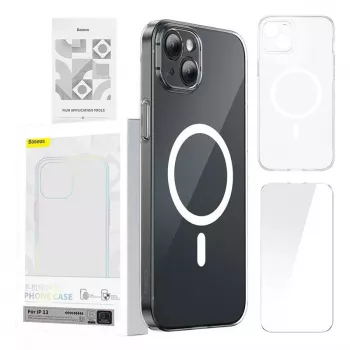 Capa magnética Baseus Magnetic Crystal Clear para iPhone 13, transparente, com proteção de ecrã em vidro temperado
