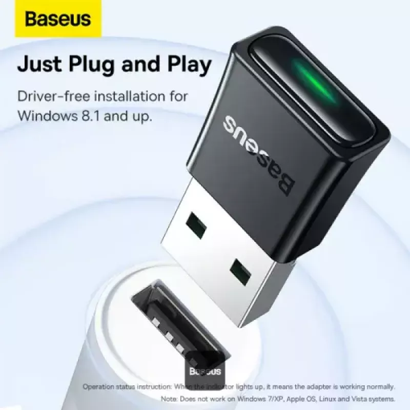 Adaptador Bluetooth mini Baseus BA07 para PC, USB 5.3 recetor dongle Bluetooth sem fios - preto