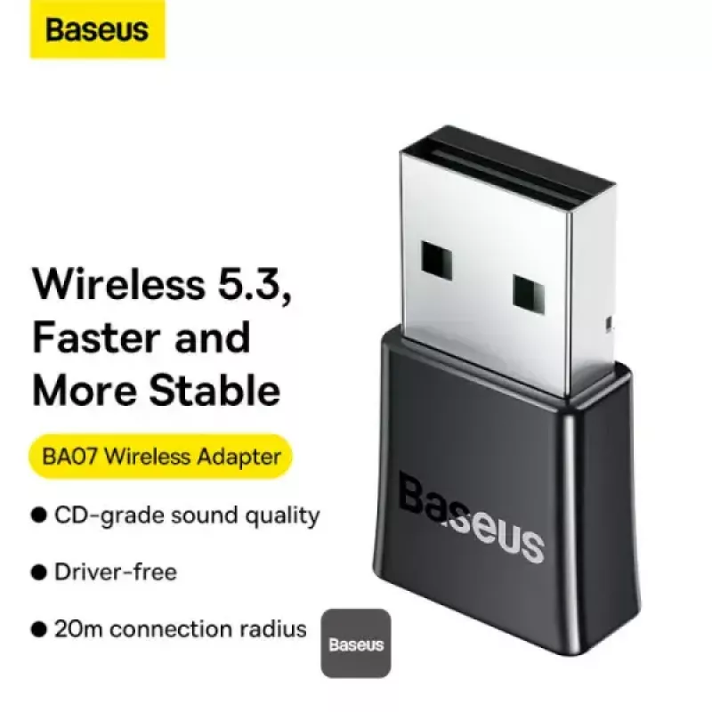 Adaptador Bluetooth mini Baseus BA07 para PC, USB 5.3 recetor dongle Bluetooth sem fios - preto