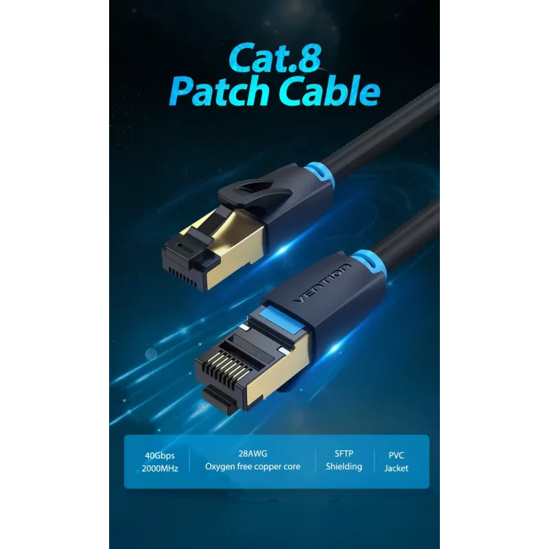 Cabo de rede Vention Cat.8 S/FTP 1 m preto RJ-45 banhado a ouro