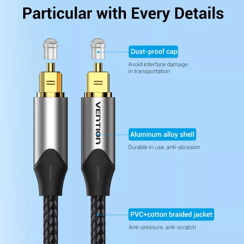 Cabo de fibra ótica Vention 3 m TOSLINK macho para macho, cinzento, revestimento em nylon, contactos banhados a ouro