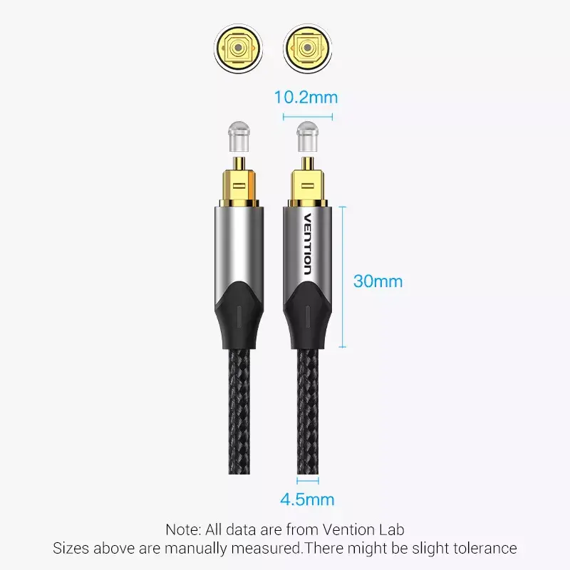Cabo de fibra ótica Vention 3 m TOSLINK macho para macho, cinzento, revestimento em nylon, contactos banhados a ouro