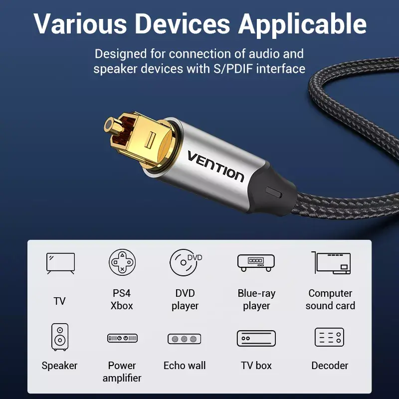 Cabo de fibra ótica Vention 3 m TOSLINK macho para macho, cinzento, revestimento em nylon, contactos banhados a ouro
