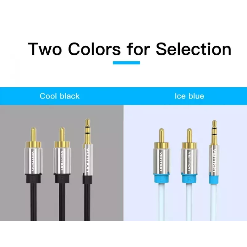 Cabo de áudio Vention 3,5 mm jack para 2× RCA macho, 3 m, preto, contactos banhados a ouro