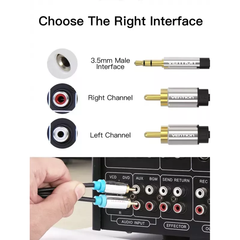 Cabo de áudio Vention 3,5 mm jack para 2× RCA macho, 3 m, preto, contactos banhados a ouro