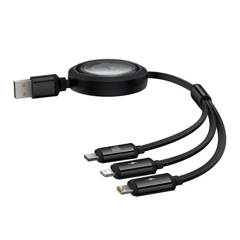 Cabo USB 3-em-1 Baseus Free2Draw (USB-A para Micro USB + Lightning + USB-C), 100 W, 1,1 m, preto