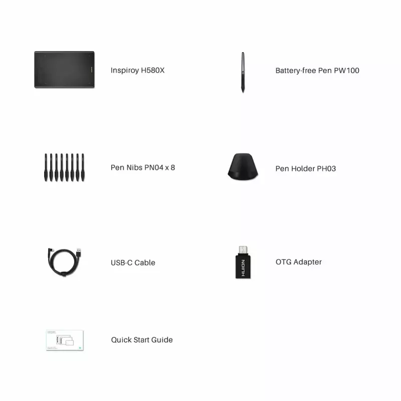 Huion Inspiroy H580X mesa digitalizadora, 8 x 5 polegadas, 5080 LPI, 8192 níveis de pressão, 8 teclas de atalho, USB-C