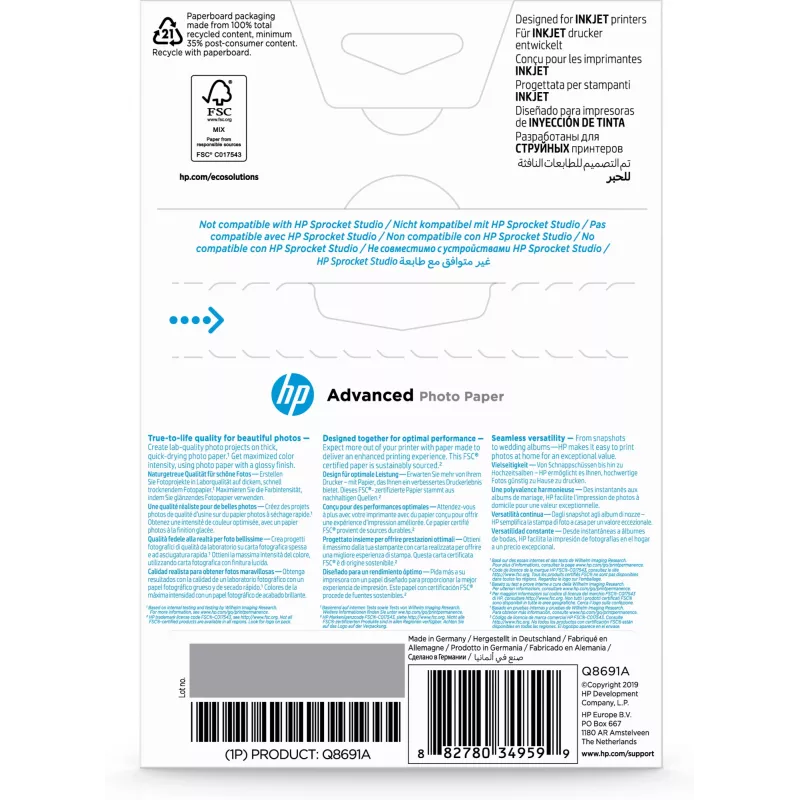 Papel fotográfico brilhante HP Advanced 250 g/m2 10 x 15 cm (101 x 152 mm) 25 folhas