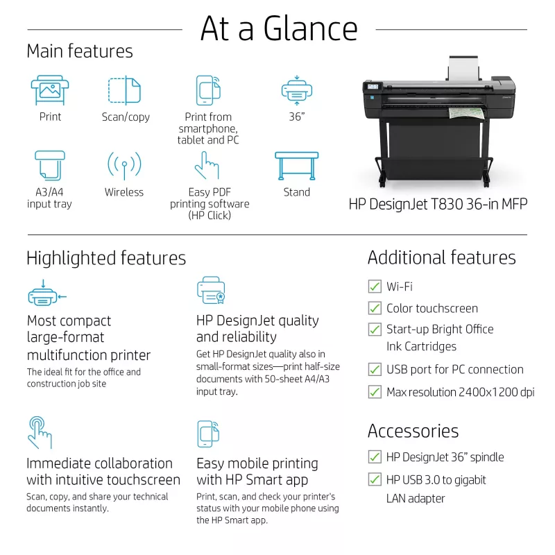 Impressora multifunções HP Designjet T830 24 polegadas