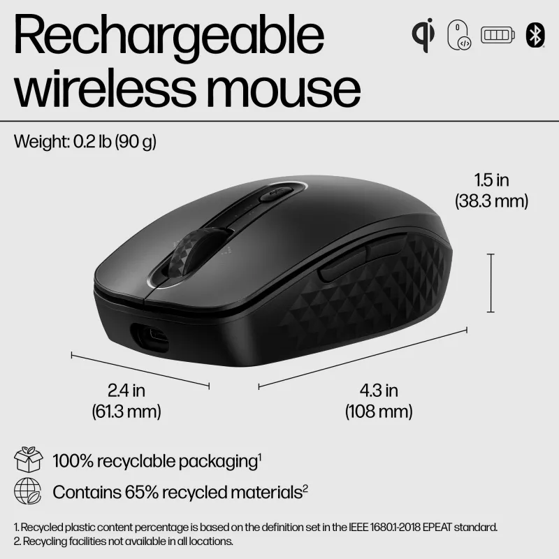 Rato sem fios recarregável HP 695, ambidestro, Bluetooth, 4000 DPI, preto