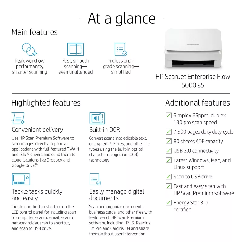 Scanner de alimentação por folhas HP Scanjet Enterprise Flow 5000 s5 600 x 600 DPI A4 branco