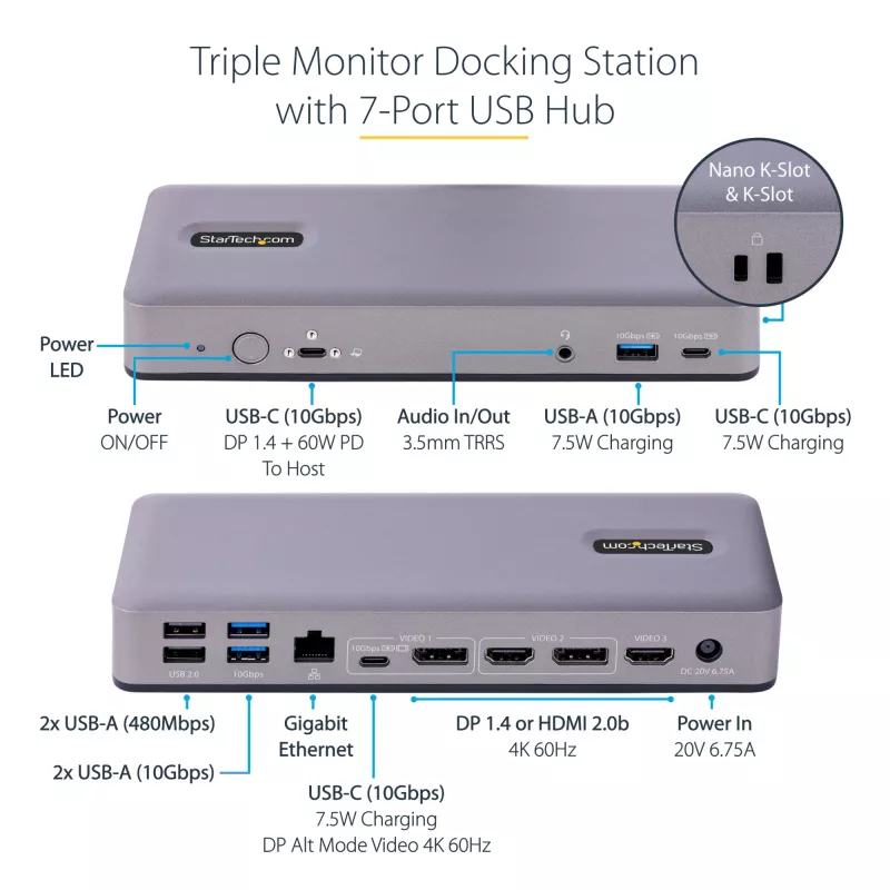 StarTech.com DK31C3MNCRUE dock para portátil/replicador de portas com fios USB 3.2 Gen 2 (3.1 Gen 2) Type-C