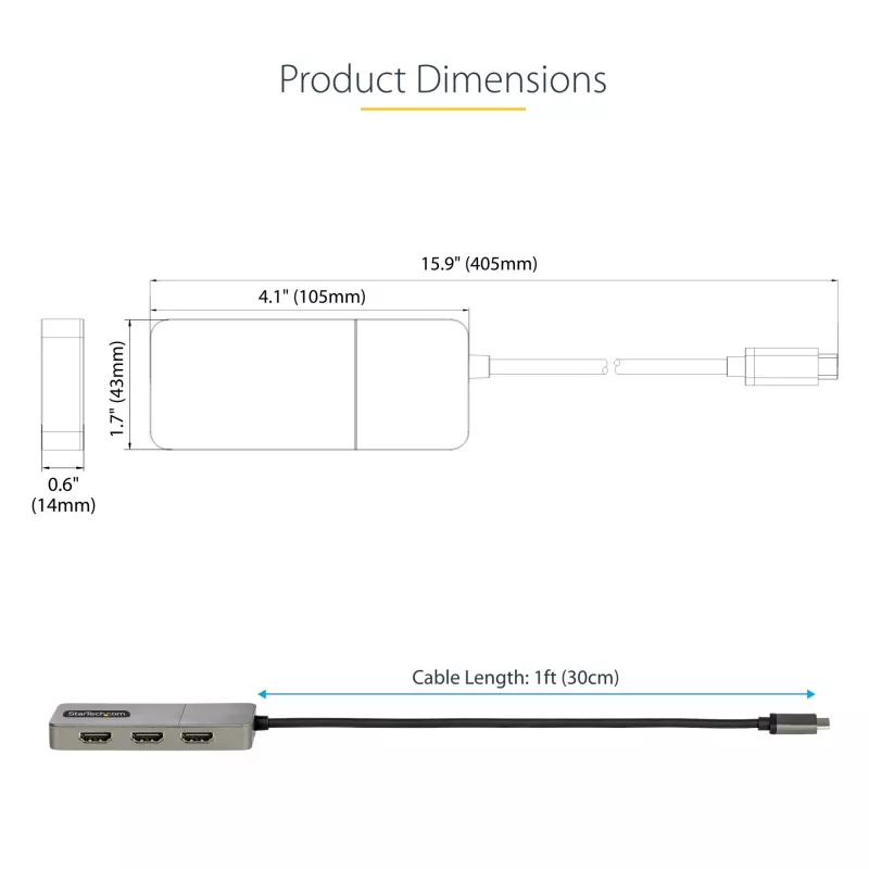 StarTech.com hub USB-C MST de 3 portas – adaptador USB Type-C para 3x HDMI multi-monitor para portátil – Triple HDMI até 4K 60Hz com DP 1.4 Alt Mode e DSC – HDR – cabo de 30 cm – apenas Windows