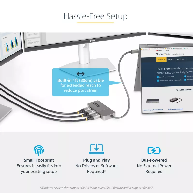 StarTech.com hub USB-C MST de 3 portas – adaptador USB Type-C para 3x HDMI multi-monitor para portátil – Triple HDMI até 4K 60Hz com DP 1.4 Alt Mode e DSC – HDR – cabo de 30 cm – apenas Windows