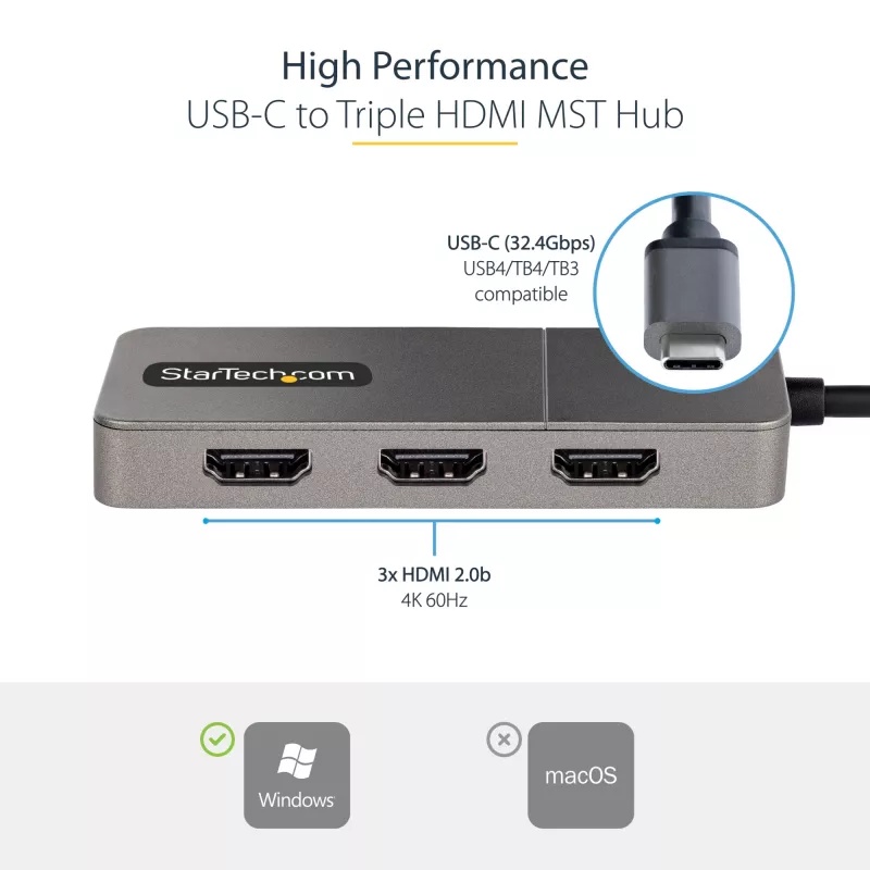 StarTech.com hub USB-C MST de 3 portas – adaptador USB Type-C para 3x HDMI multi-monitor para portátil – Triple HDMI até 4K 60Hz com DP 1.4 Alt Mode e DSC – HDR – cabo de 30 cm – apenas Windows