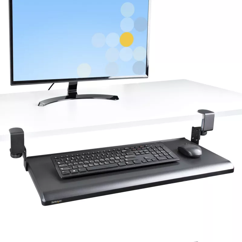 StarTech.com prateleira para teclado sob a mesa, suporte ergonómico de teclado com fixação, até 12 kg, prateleira retrátil para teclado e rato com grampos em C, prateleira de teclado com altura ajustável (100/120/140 mm)