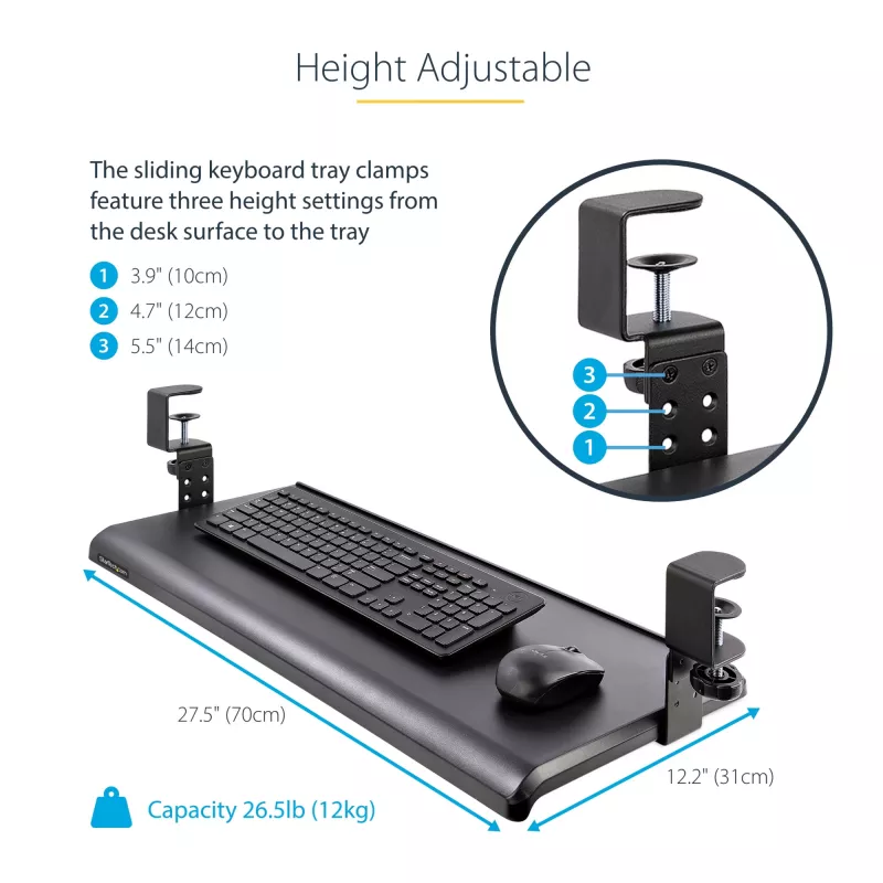 StarTech.com prateleira para teclado sob a mesa, suporte ergonómico de teclado com fixação, até 12 kg, prateleira retrátil para teclado e rato com grampos em C, prateleira de teclado com altura ajustável (100/120/140 mm)